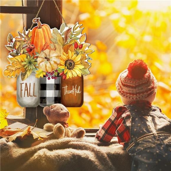 Fall Wooden Hanging Sign Autumn Floral Pumpkin Welcome Door Sign - Picture 4 of 7